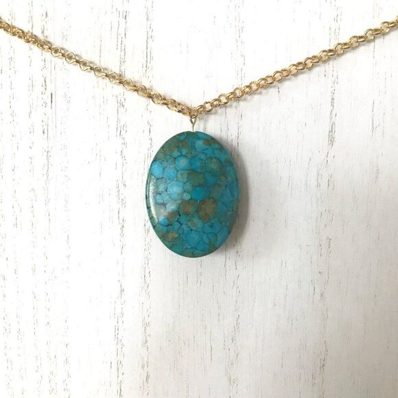 Turquoise Marble Stone Pendant on Gold Chain Necklace - Picture 6 of 6